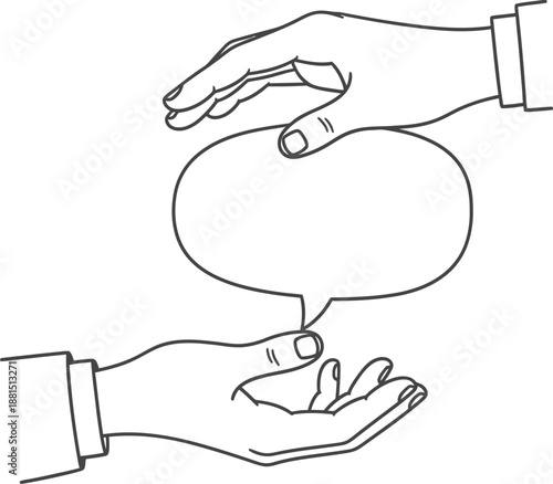 Line art illustration of two hands exchanging an empty speech bubble, symbolizing communication and dialogue.
