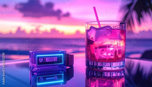 Vibrant Sunset Cocktail with Cassette Player - A Retro Beach Scene.