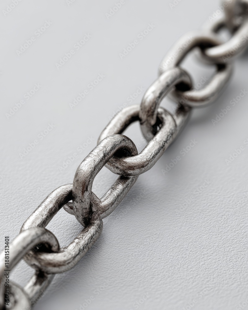 Fototapeta premium A short length of metal chain laid on a clean surface, representing connection and strength.