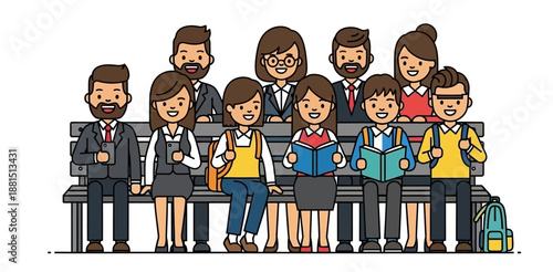 A diverse group of adults and children sitting together on a bench, some reading books, representing education and community.