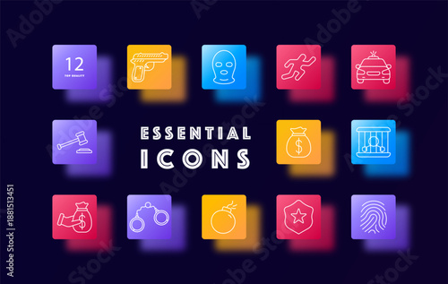 Crime and law set icon. Gun, thief mask, gavel, car, prisoner, handcuff, fingerprint, shield, bomb, escape, cash drawn in outline style over colorful square tiles.