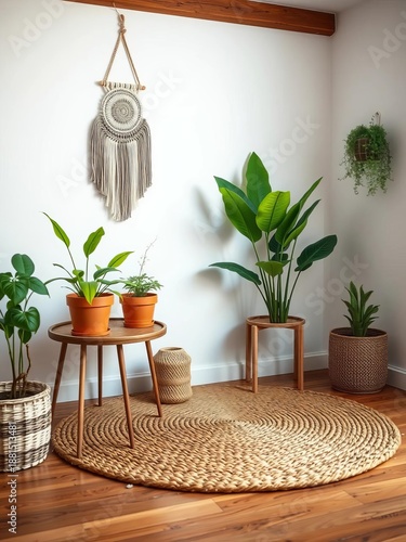 Wallpaper Mural Cozy corner with wicker rug and plants on wooden floor, featuring macrame art on white wall Perfect for creative work,  home living,  floor decor Torontodigital.ca
