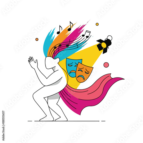 A dancer with colorful costume and drama masks