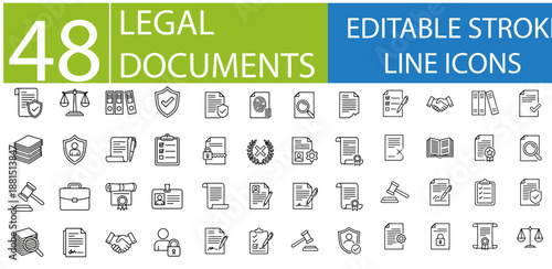 Legal Documents Editable Line Icons Set - Contract, Agreement, Passport, Certificate Outline Icon Collection in Modern Thin Line Style - Vector Illustration for Web and Print, SEO Optimized and Top Ra