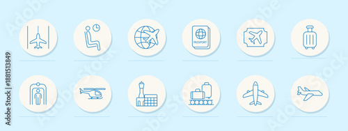 Air travel set icon. Airplane on runway, passenger seat, globe with aircraft, passport, flight ticket, luggage, scanner gate, helicopter, control tower, conveyor, takeoff plane.