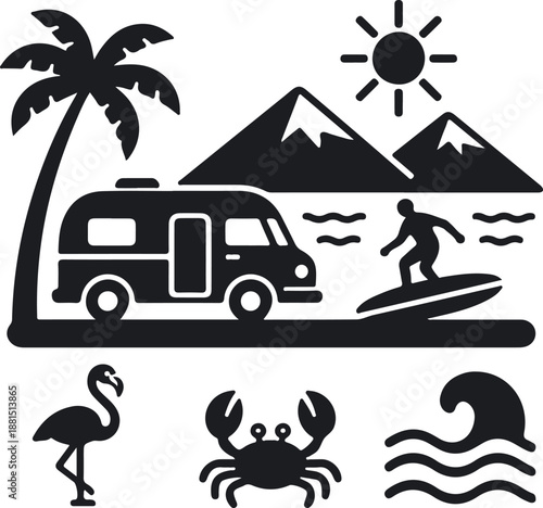 Black and white silhouette of a beach scene with a campervan and surfer