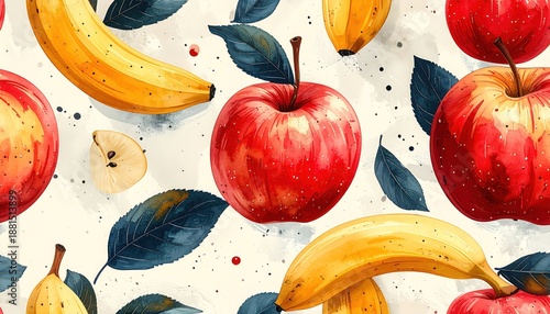 Vibrant Watercolor Fruit Pattern - Apples, Bananas, and Leaves.