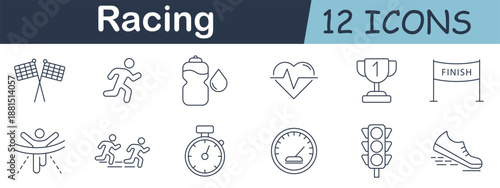 Racing set icon. Runners, stopwatch, finish line, trophy, water bottle, heart rate, speedometer, sneakers, and flags outlined in athletic competition design.