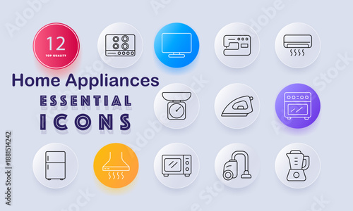 Home appliances set icon. Stove top, television, sewing machine, air conditioner, kitchen scale, iron, oven, refrigerator, hood, microwave, vacuum, blender
