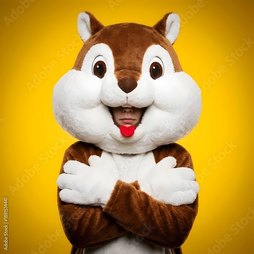 Serious person hidden inside a playful squirrel mascot costume.
