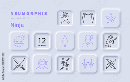 Ninja set icon. Includes fighters, mask, stars, swords, dagger, nunchaku, throwing blades, emblems, martial poses in combat-style neumorphic design