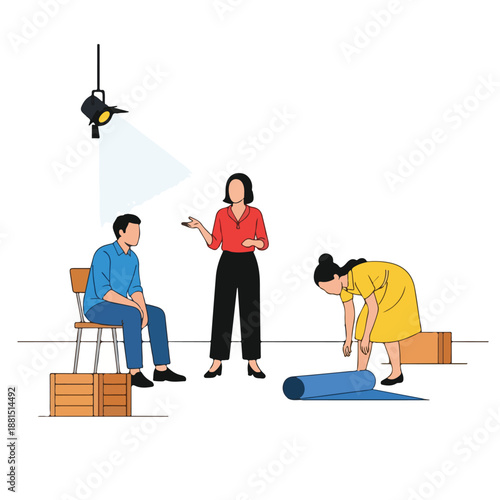 A film set with director and crew preparing for a shot