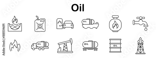Oil set icon. Line style industrial icons with barrels, trucks, rigs, flames, gas cylinders, tap, tankers, and refinery towers related to oil and fuel