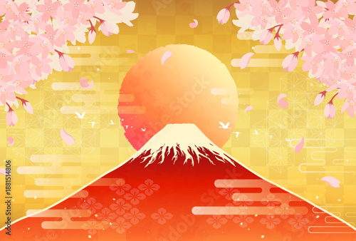桜と赤富士と日の出のイラスト_横1