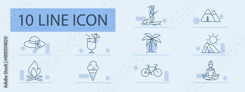 Vacation set icon. Surfing, mountain, tent, hat, cocktail, palm, sun, campfire, bike, ice cream, yoga, summer, outdoor, travel, holiday, freedom, recreation, relax, hiking, activity