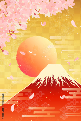 桜と赤富士と日の出のイラスト_縦2