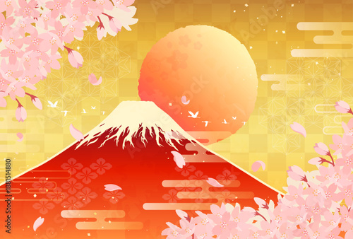 桜と赤富士と日の出のイラスト_横4