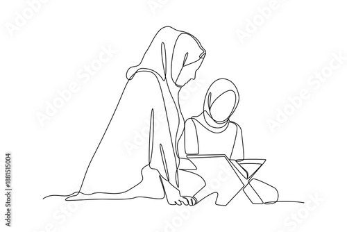 Mother Teaching Quran. Activity in Ramdhan Concept. Single line draw design Video 4k. Footage graphic illustration