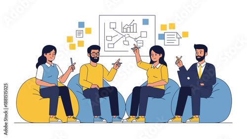 Diverse team collaborating on strategy with whiteboard and beanbags