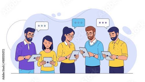 Diverse team collaborating online using tablets and digital communication