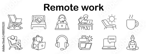 Remote work set icon. Line style elements showing people working from laptop in bed, chair, outdoors, with coffee, sun, backpack, and headphones