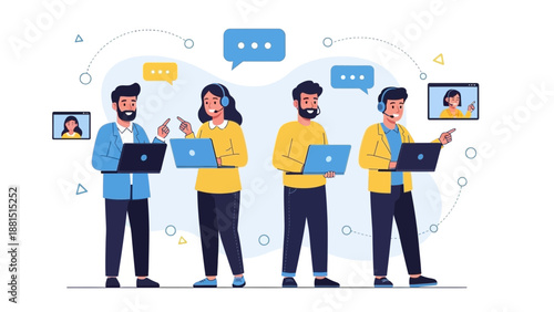 Diverse team communicating online using laptops and video calls