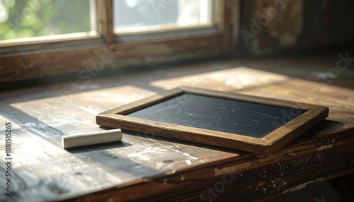 Vintage Slate Chalkboard and Chalk on Wooden Table by Window.