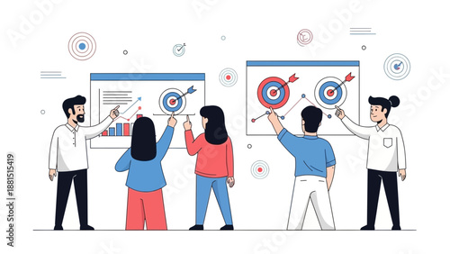 Diverse team setting business goals and achieving targets with data charts