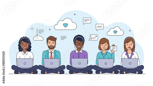 Diverse Team Working Remotely on Laptops with Cloud Icons