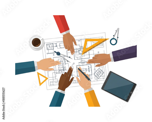 Team of architects working on blueprint plan. Top view of hands, engineering tools, ruler, compass and tablet. Construction planning collaboration and architectural design. Flat vector illustration.