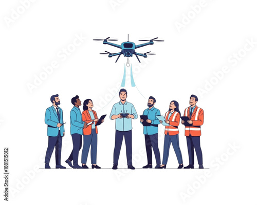 Drone pilot operating quadcopter for engineering survey team. Professionals observing aerial inspection with clipboards. Modern technology flat vector illustration.