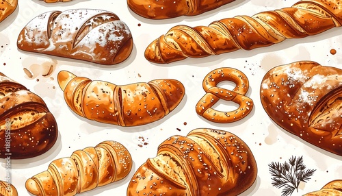 Watercolor Bread Assortment - Croissants, Baguettes, and Pretzels.