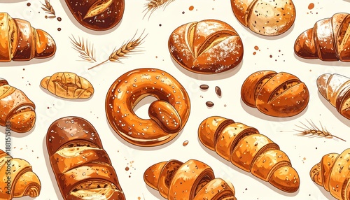 Watercolor Bread Assortment Pattern - Croissants, Bagels, Loaves, and Wheat.