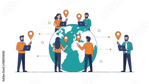 Global Connection: People Connecting Worldwide via Technology and Location Pins