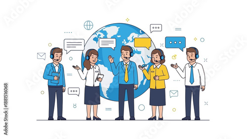 Global Customer Support Team with Communication Bubbles and Earth Globe