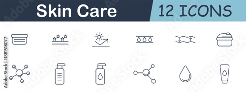 Skin care set icon. Cream containers, shining stars, UV shield, hydration drops, elasticity layers, molecules, serum bottles, water drops, pipettes, smooth skin icons.