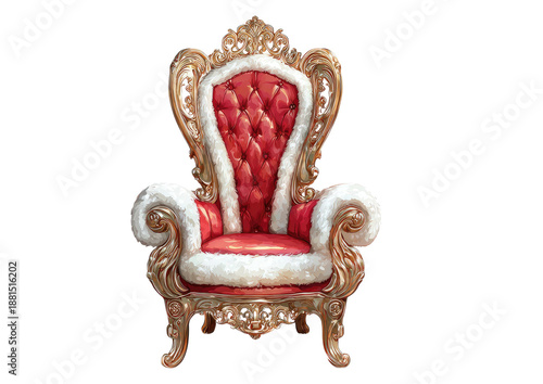 Ornate throne chair; red cushion, white trim, gilded frame