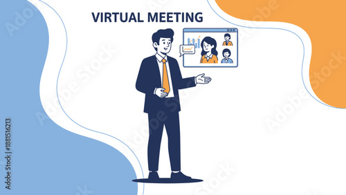 Man in a suit attending a virtual meeting on a laptop screen with colleagues