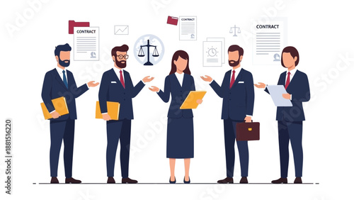Legal professionals discussing contract and justice symbols
