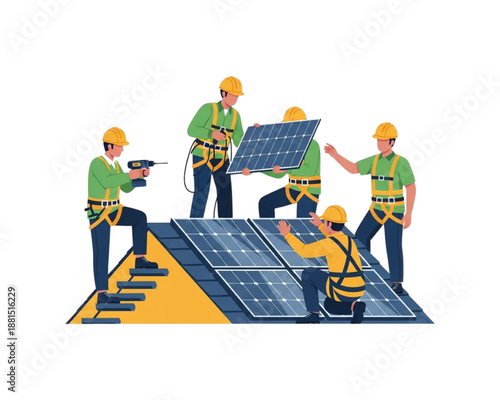 Engineers installing solar panels on rooftop, renewable energy workers setting up photovoltaic system, sustainable electricity production, green power installation flat vector illustration