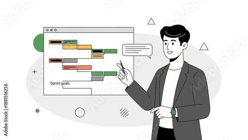 Man Presenting Agile Scrum Sprint Planning Board with Tasks and Goals