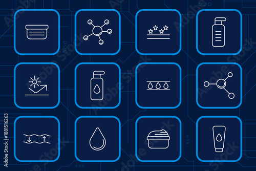 Skincare set icon. Cream, lotion, serum, moisture, molecule, SPF, hydration, beauty, cosmetic, face care, smooth skin, cosmetic science
