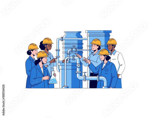 Industrial engineering team inspecting chemical plant machinery. Diverse group of factory workers in hard hats checking pipes and holding laboratory flask. Vector illustration of manufacturing teamwor