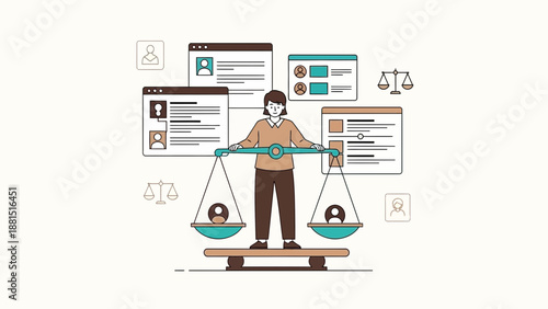 Person balancing scales with human icons, symbolizing equality and justice