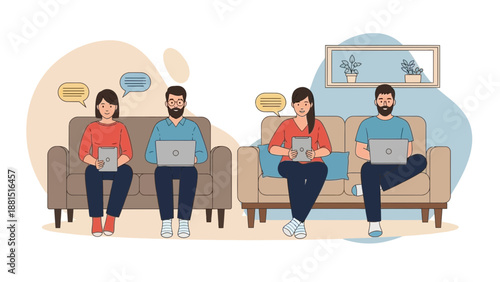 People working on laptops and tablets on sofas, communication concept