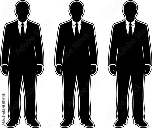 Three identical black silhouettes of men in business suits and ties standing.