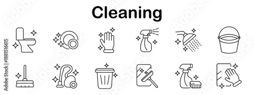 Cleaning set icon. Toilet, dish, glove, spray, shower, bucket, broom, vacuum, trash bin, squeegee, scrub brush, hand wipe shown with sparkle detail in line style.