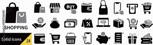 Collection of vector solid icons representing shopping and retail theme