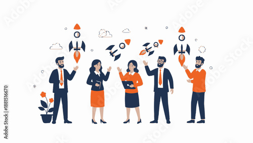 Startup Team Launching Rockets - Business Growth and Innovation Concept