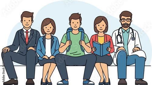 Diverse group of five people from various professions and walks of life sitting together.